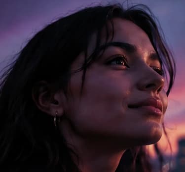 A person looking toward a city skyline at dusk